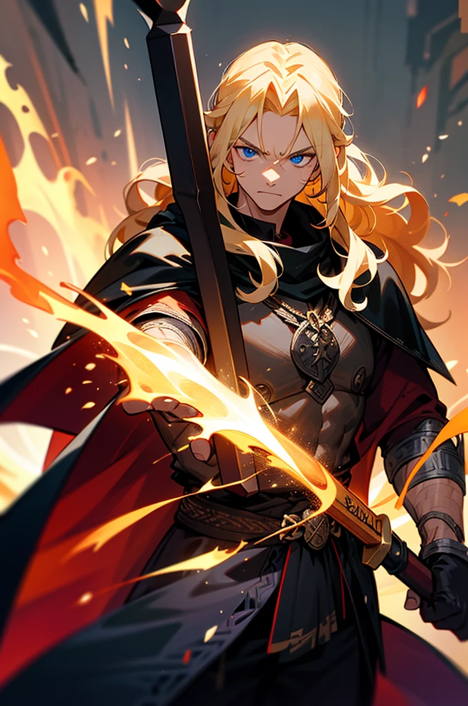 blue eyes, blonde hair, long hair, wavy hair, fire background, tattered clothing, serious face, muscular, cowboy shot, mature male, black cape, black and red Viking clothing, fur cape, has a thors hammer Mjölnir in hand