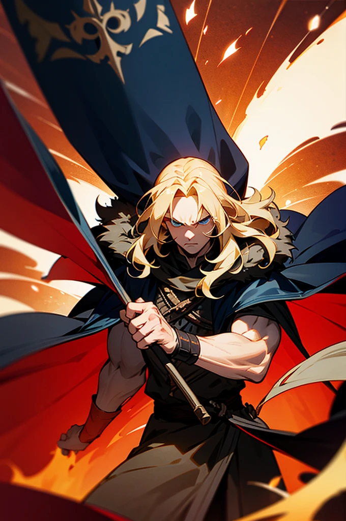 blue eyes, blonde hair, long hair, wavy hair, fire background, tattered clothing, serious face, muscular, cowboy shot, mature male, black cape, black and red Viking clothing, fur cape, has a thors hammer Mjölnir in hand