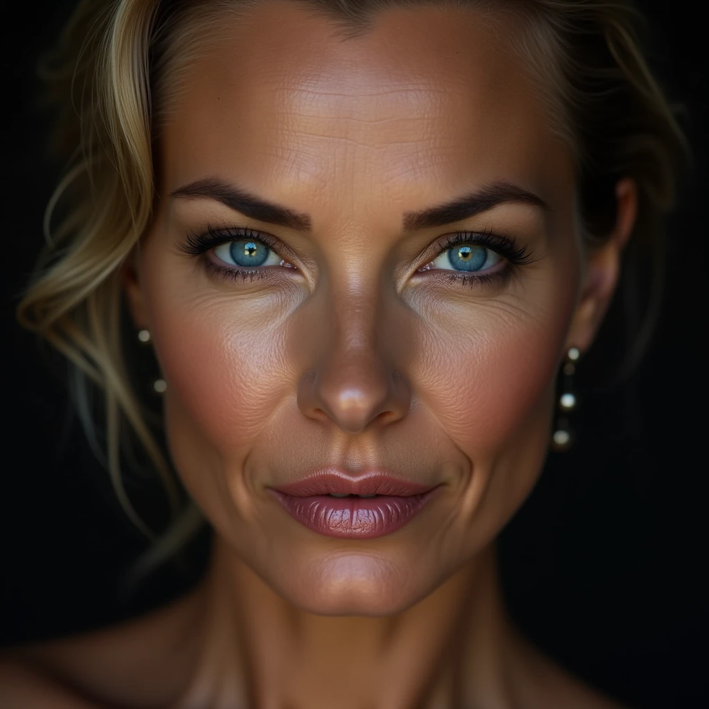 Beautiful mature woman 45 years old, wrinkles on the face, detailed face and texture, European woman, looks into the frame, sexy, languid face, bright blue eyes, sexual makeup