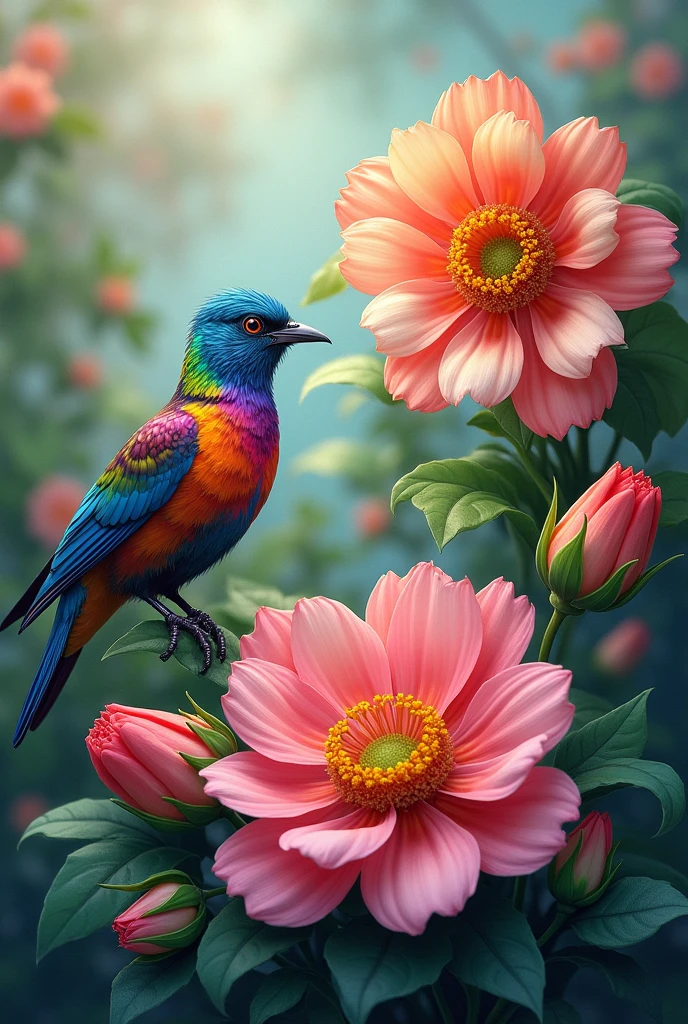 One amazing flower senary and beautiful bird


