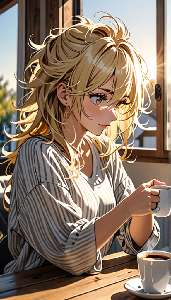 Beautiful and blond messy styled hair, morning, coffee