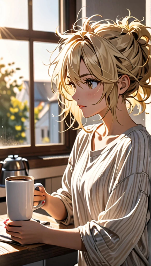 Beautiful and blond messy styled hair, morning, coffee 