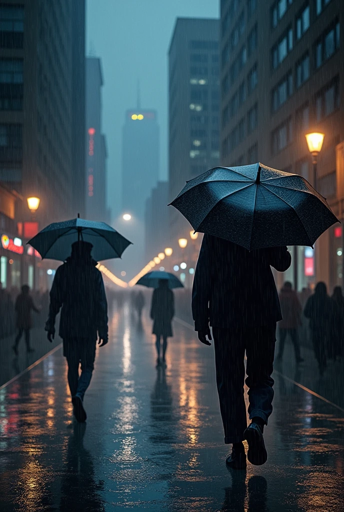 Rainy street with lights on and people walking with black umbrellas 