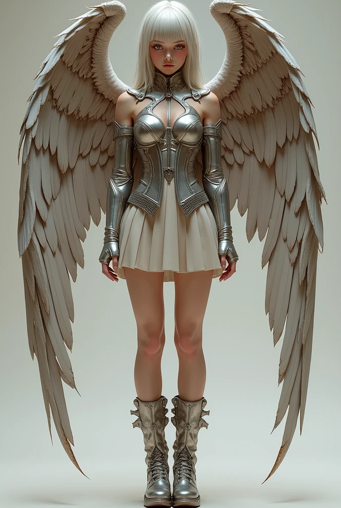 1 girl, battle angel costume, neckline, nowadays, full-length, hyperrealism, hyper-detailed, standing full-length, chrome, rusty, mini dress, platform heel, full-face blush, heart-shaped pupils