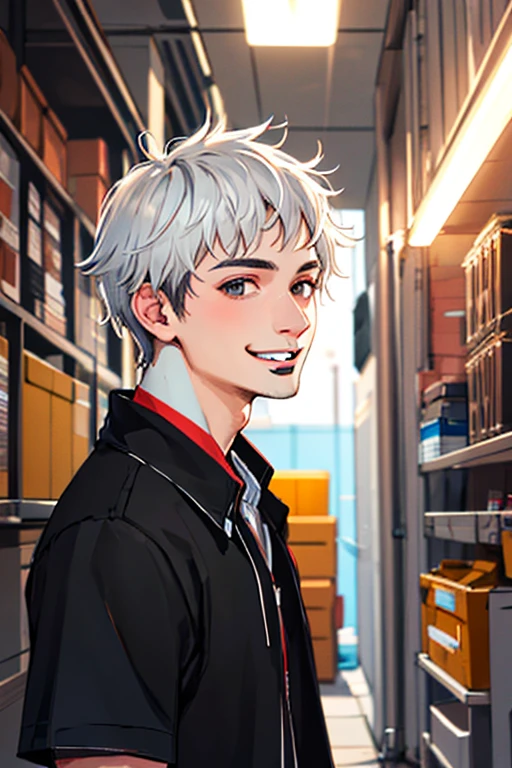 ((masterpiece)), (((best quality))), chromatic lighting,
colorized, white + black limited color palette,
detailed concept drawing, no weird object on his face, street fashion,
at a garage, portrait, 20yo 1guy, slender, short white hair, black eyes, smiling