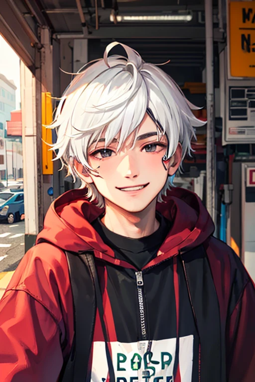 ((masterpiece)), (((best quality))), chromatic lighting,
colorized, white + black limited color palette,
detailed concept drawing, no weird object on his face, street fashion,
at a garage, portrait, 20yo 1guy, slender, short white hair, black eyes, smiling