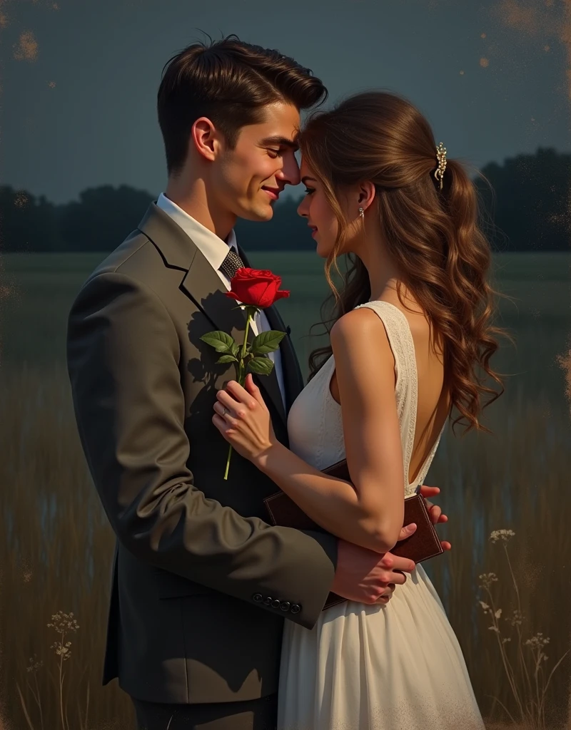 A 2D painting (on a canvas) of a beautiful young woman with a handsome man close to eachother, the man is smiling looking at the woman , the man has rose in his hand, the woman has a book in her hand, the background of the image should be dark: black, blue, brown etc, the location where they both are standing is an open field or a park or a beach