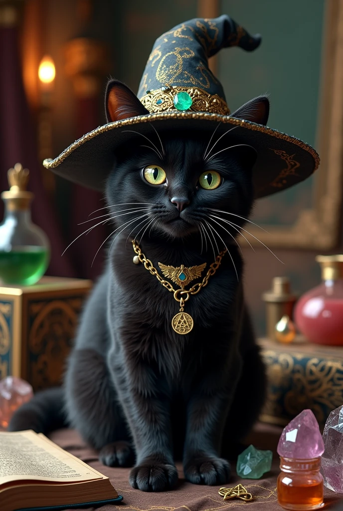 a cute black cat wearing witch'shat, surrounded by crystals and other magical objects, no humans, hat, witch hat, animal, animal focus, black cat, potion, cat, bat (animal), flask, gem, black headwear, ultra-realistic, 8k,ultra-realistic, hyper-detailed, 32k uhd, (Background is Luxury witches room and magic room) Magic Items, Magic Bottle, Large Magic Bottles, Elven Magic Bottle, Fairy Magic Bottle, hexagram, Crystal Magic, magic books wiccan, Luxury hexagram necklace, luxurious witch necklace, very much Witch spices and Magic Spices,