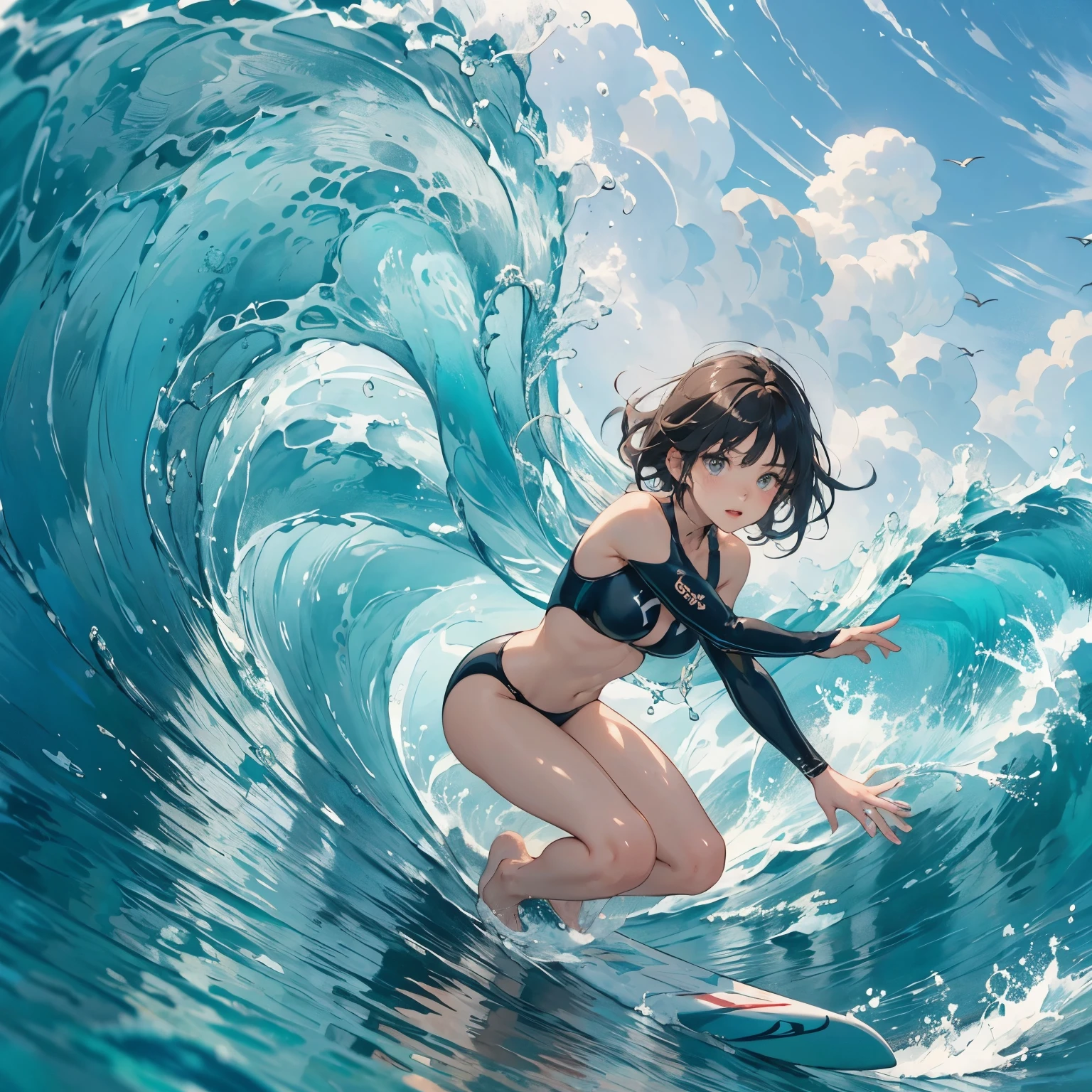 Female surfer riding a wave in the ocean early in the morning、Short Hair、Sexy and colorful swimwear、surfing、 (Riding a surfboard:1.2)、 big wave surfing、Tube Wave、The breaking waves、Wave Splash、surfingの写真、Extreme Sports Photography、(Highest quality, masterpiece, High resolution)、8k、wallpaper