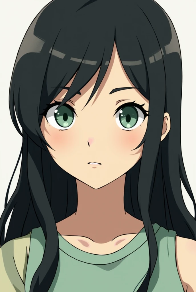 Anime style illustration of Toph Bei Fong from the Avatar: The Last Airbender cartoon. She is a 12 year-old girl with Sea foam green eyes but glazed over because of her blindness, light skin, and black hair in a hair down fashion. 