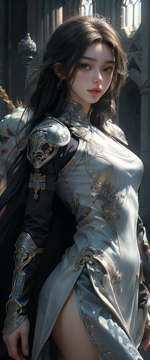 Front view, Masterpiece, Best quality, Realistic, Raw photo, (1 girl, looking at looker), Long hair, detailed beautiful blue eyes, White armor, Intricate armor, Delicate gold and black line pattern, Intricate pattern, Blue metal parts, Detail part, Dynamic pose, Detailed background, Dynamic light, Thai art pattern