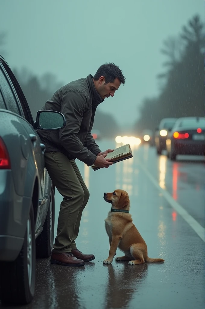 A man was driving on the highway. He saw that a puppy was getting wet. He immediately stopped his car and took out a book from the car and went there and helped him in such a way that he made a roof of the book so that the puppy does not get wet in the rain.