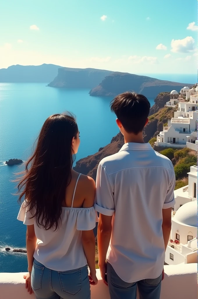 Santorini, two people seen from behind with a view of the sea A girl with long hair wearing an off-shoulder top A tall boy with slightly long black hair wearing a white shirt