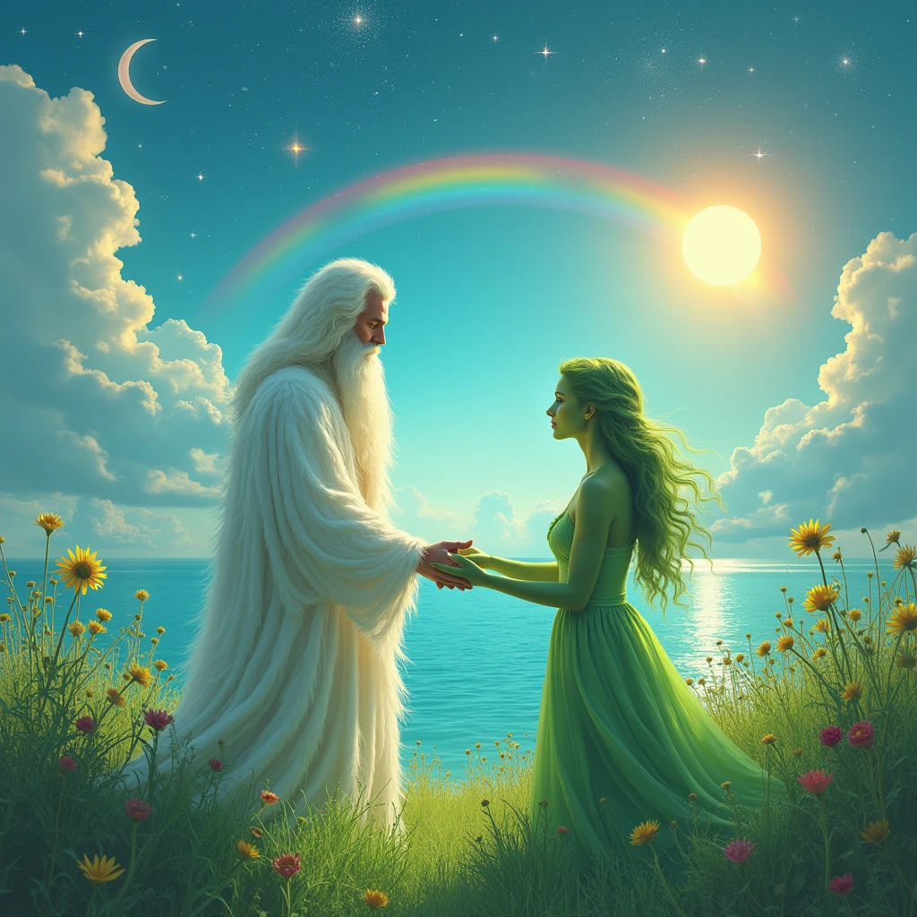 white bearded man with white furry white tunic and green grass woman green grass skin green body front view , blue sea background sea water, the sun stars rainbow on top of the image and moon below the image