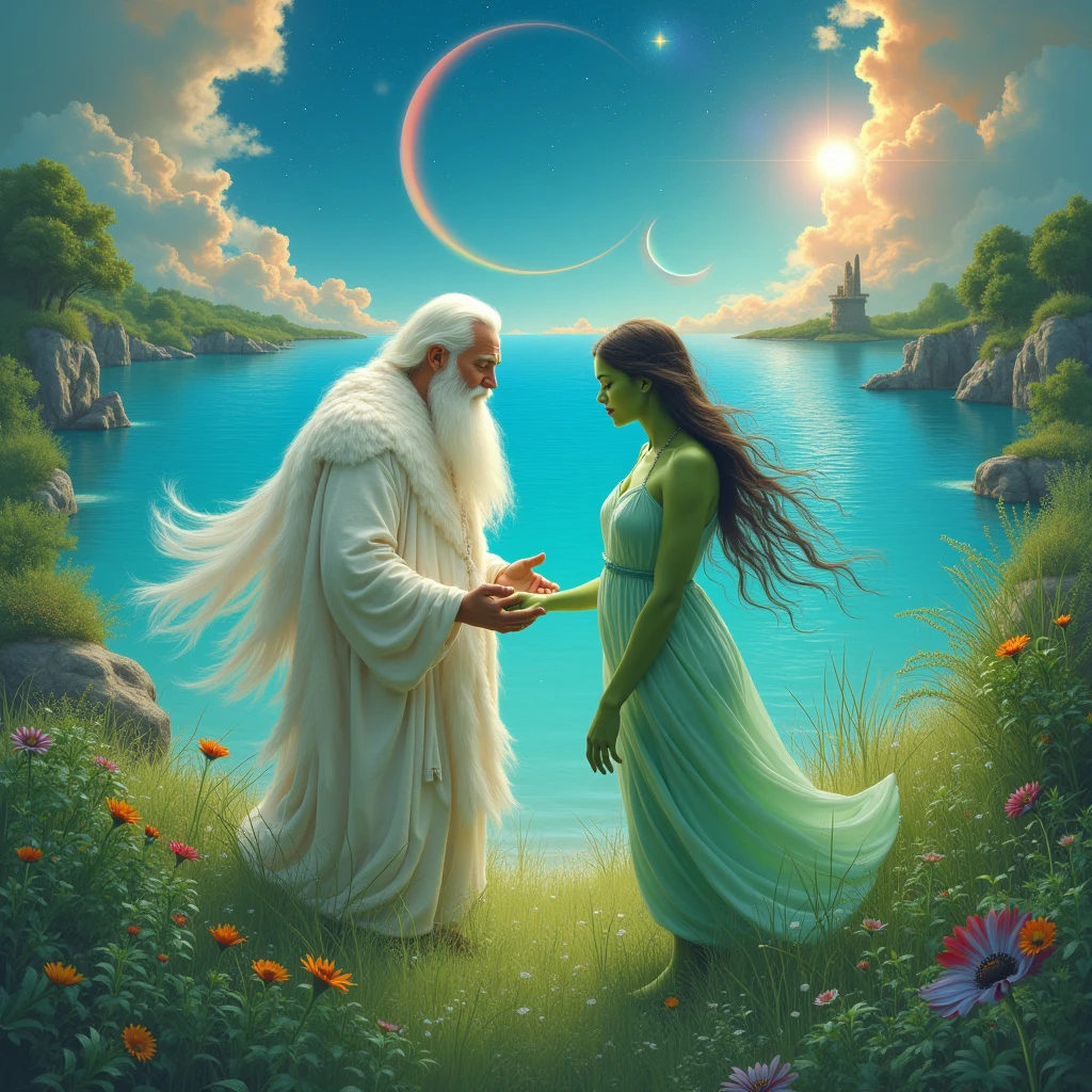 white bearded man with white furry white tunic and green grass woman green grass skin green body front view , blue sea background sea water, the sun stars rainbow on top of the image and moon below the image