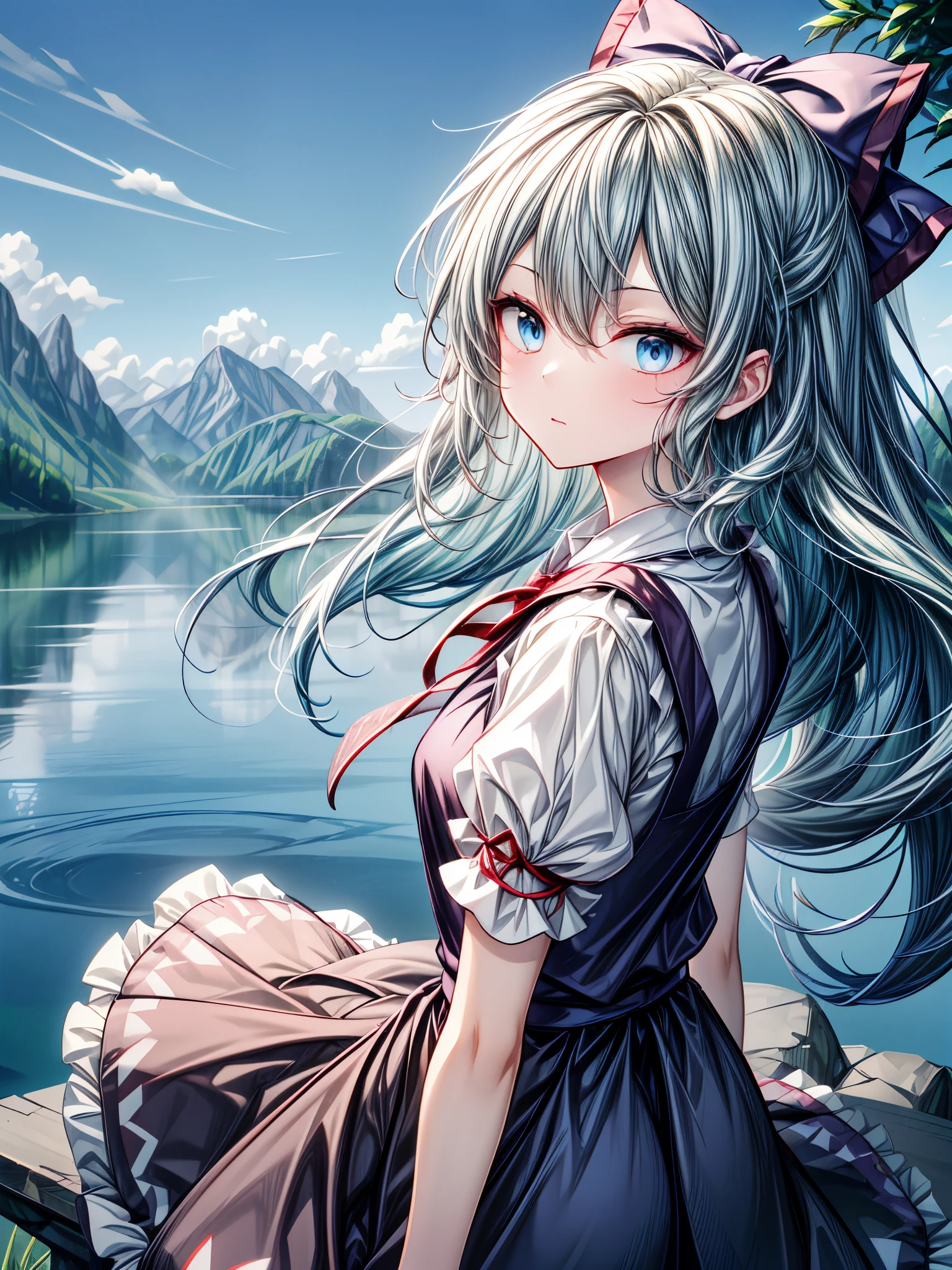 1girl, ((Alluring)),((Wear cold air)),cirno (Touhou), ((long hair)), blue hair, ice wings, ((Hair blowing in the wind)),fairy wings, Blue eyes, bangs, white shirt, collared shirt, puffy short sleeves, blue dress, pinafore dress, red ribbon, neck ribbon, blue bow, green bow, hair bow, bow,((misty lake)),((Gensokyo))