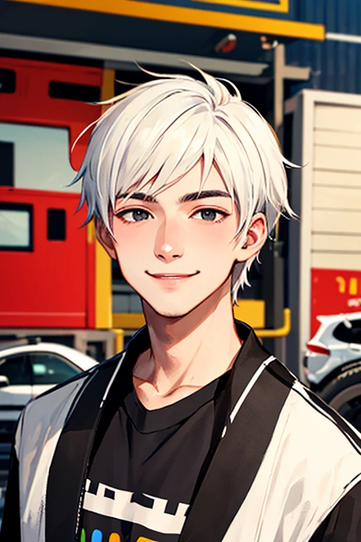 ((masterpiece)), (((best quality))), chromatic lighting,
colorized, white + black limited color palette, 
detailed concept drawing, no weird object on his face, street fashion,
at a garage, portrait, 20yo 1guy, slender, short white hair, black eyes, smiling