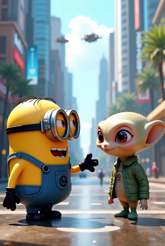 Minion met an alien in a city 