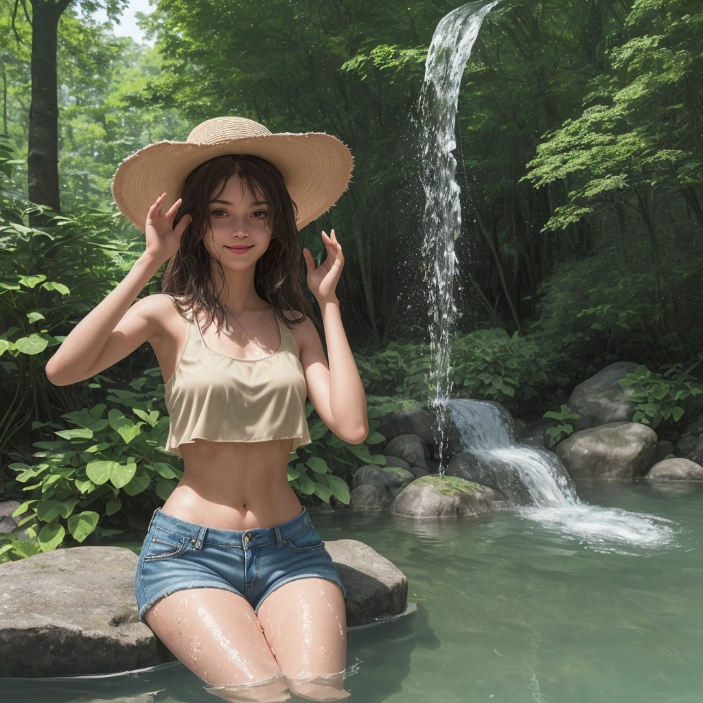 In the picture, it is summer or when the weather is nice. A woman is sitting in shallow water up to her ankles. The water is quite deep. She seems to be in nature, maybe in a forest or surrounded by trees. She is wearing a beige wide-brimmed hat, a black crop top, and brown denim shorts. She looks directly at the camera and has a slight smile on her face. At the same time, she raises both her hands high up and the water dripping from her hands becomes water droplets on the glass, meaning that she might be trying to splash water or play with water with her hands, making it look like the water is floating in the air.. There are other people in the background and some of them might be playing in the water or doing other activities under the beautiful nature. The surrounding green trees add freshness and naturalness to this picture..