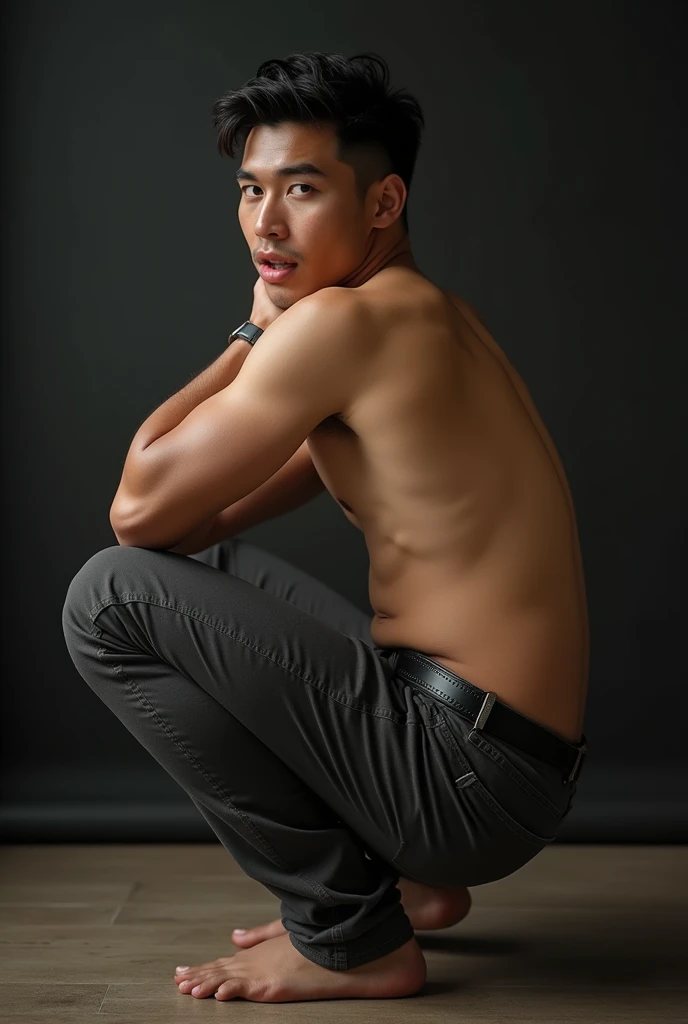 A Vietnamese man, 30 years old, handsome and elegant, wearing no underwear, sexy, Masculine and handsome, muscular, Beautiful muscles, hairy body, Black eyes (1:3 thin eyes), Full body photo, (super detailed, realistic, best quality, 4k, 8k, high resolution, masterpiece: 1.3), a mature man, sexy and elegant, (muscular body), perfectly fitted charcoal pants, sweat, lewd face, firm chest, sexual, provocative, lustful, accessories include a luxury wristwatch, casual cufflinks and a simple but elegant leather belt, looking at the viewer, muscle veins, lightly tanned skin, drooling, slimy, sticking out tongue, wanting to show off chest, shirtless, wearing a shirt,turn back to look at the camera, squatting on the ground.