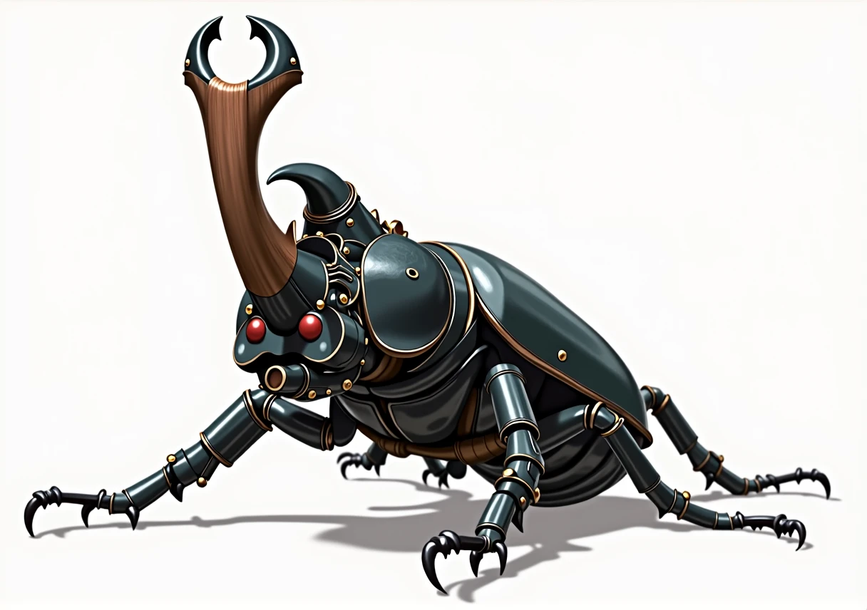 (masterpiece, best quality, 8k, high detailed, super rendering, ultra-detailed illustration), A Metal Armored Rhinoceros beetle, The horn is shaped like a gun barrel, no humans, indoors, on table, professional lighting