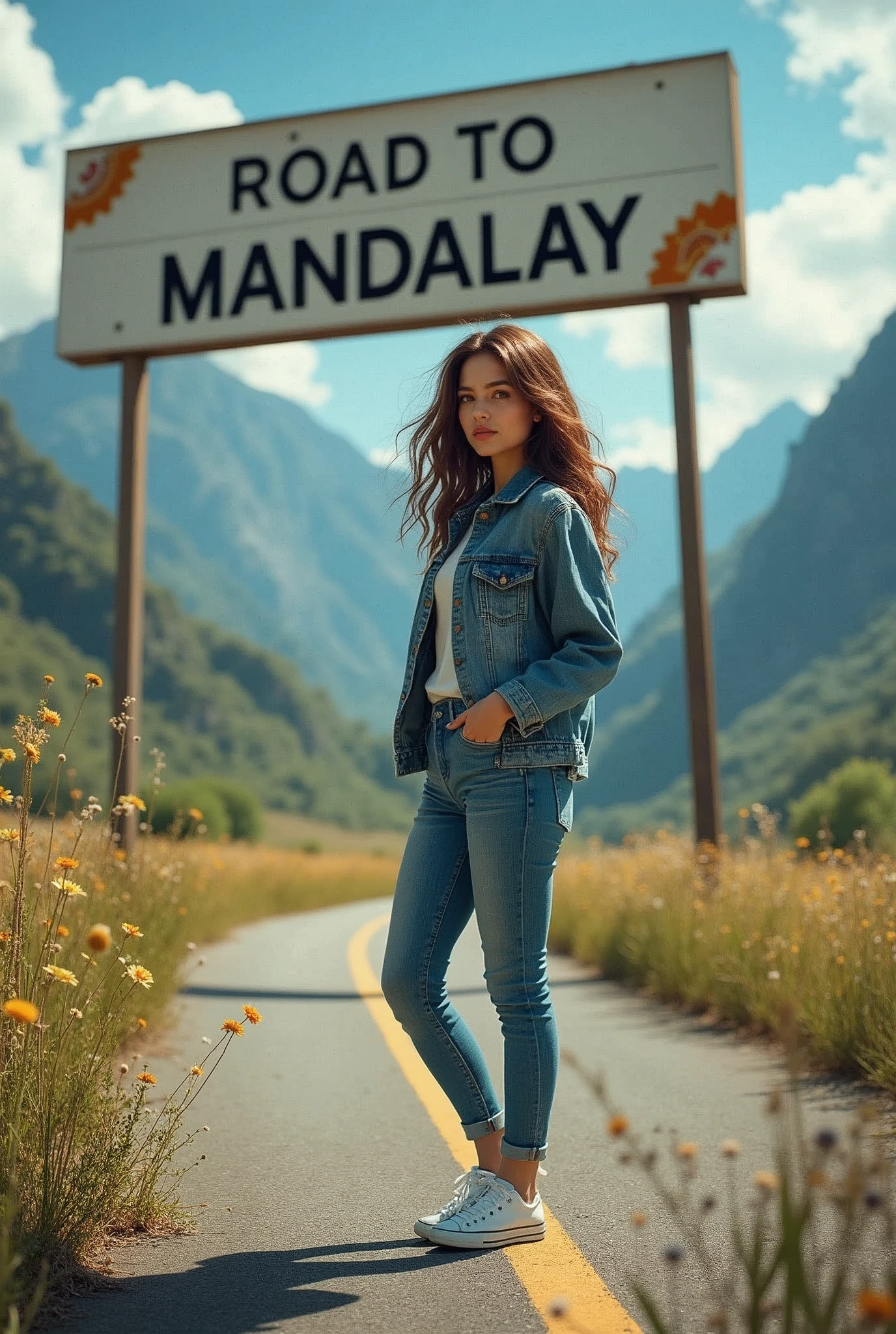 photo, realistic , masterpiece, best quality, ultra detailed, 1 girl, brown hair, jacket, jean pants and converse boots, high way road, there is a sign board that says " Road to Mandalay " with thick bold line, sunny day, wild flowers and grasses, mountain background