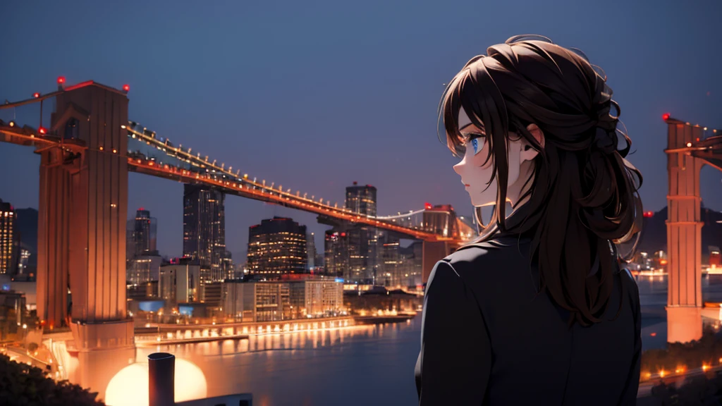 1 girl, medium light brown hair, light blue eyes, wearing black suit, night city, absurdres, high res, ultrasharp, 8K, masterpiece, looking from behind