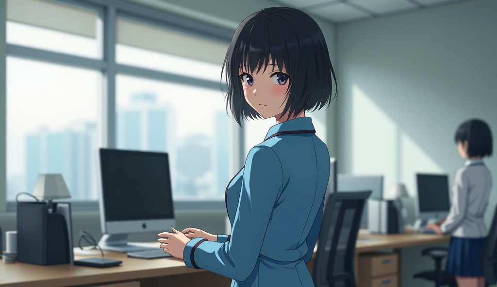 (Highest Resolution, clearly_image), Highest quality, masterpiece, Very detailed, Semi-realistic, A woman with shoulder-length black hair, Dark Eyes, mature, mature woman, Royal Sister, sexy, short hair, Triple Van, Light blue uniform, Jacket, Pleated skirt、uniform, Fighter Frontline, Japanese、Background: Company、In the office