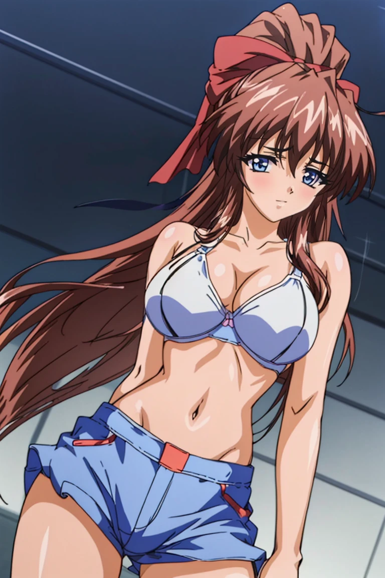 (Anime artwork, Anime Style, Studio Anime, Very detailed, up to date, Vibrant, Anime Coloring Book, High Contrast, masterpiece:1.2, Highest quality, Best aesthetics), (Beautiful and detailed eyes:1.2), Straight Long Hair, Large midchest, Hair Ribbon, (hot pants、Hair Ribbon,  Sports Bra ), Asymmetrical bangs, Perfect Proportions, Skin with attention to detail, cute, cute笑顔 (Cowboy Shot, Dynamic Angle:1.2),