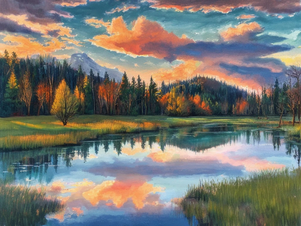 Realistic lake, forest reflection on water, sunset, broken clouds, painting, spring, snowy mountain