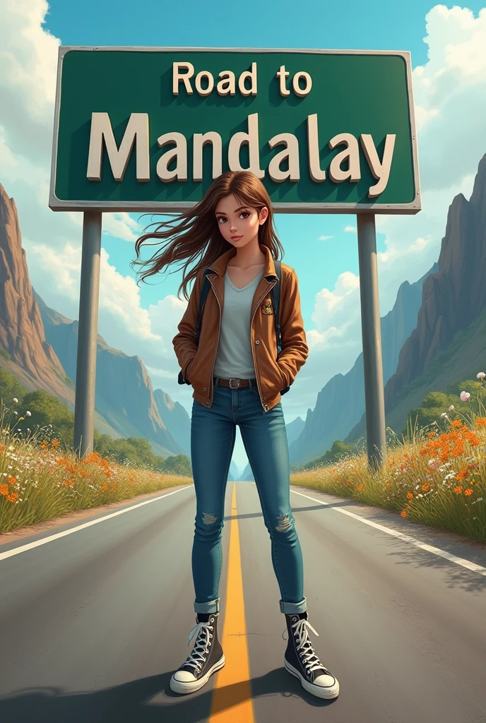 photo, realistic , masterpiece, best quality, ultra detailed, 1 girl, brown hair, jacket, jean pants and converse boots, high way road, there is a sign board that says " Road to Mandalay " with thick bold line, sunny day, wild flowers and grasses, mountain background