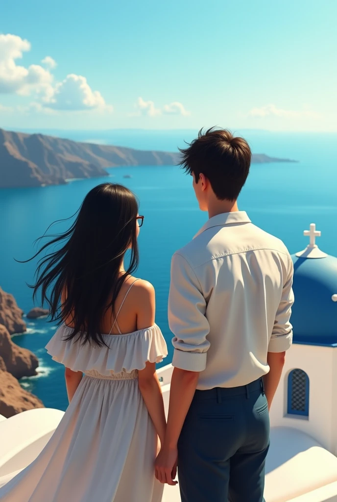 Santorini, two people seen from behind with a view of the sea, a girl with long hair wearing an off-shoulder dress, a tall boy with slightly long black hair wearing a white shirt