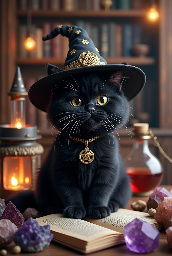 a cute black cat wearing witch'shat, surrounded by crystals and other magical objects, no humans, hat, witch hat, animal, animal focus, black cat, potion, cat, bat (animal), flask, gem, black headwear, ultra-realistic, 8k,ultra-realistic, hyper-detailed, 32k uhd, (Background is Luxury witches room and magic room) Magic Items, Magic Bottle, Large Magic Bottles, Elven Magic Bottle, Fairy Magic Bottle, hexagram, Crystal Magic, magic books wiccan, Luxury hexagram necklace, luxurious witch necklace, very much Witch spices and Magic Spices, Witches book, magic book, hexagram books