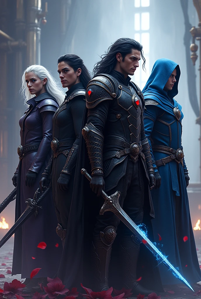 "In an epic scene, four powerful characters stand side by side, each exuding their unique aura. Raven, the dark elf in deep purple leather armor, stands on the far left, his silver hair flowing as he holds his black bow with a calm, calculating expression. Next to him is Voltex, dressed in his long black coat over a noble white shirt, his black hair and sword emanating a quiet yet formidable power. To Voltex's right is Valis, clad in gothic black armor with blood-red gemstones, his crimson eyes and dark sword crackling with destructive energy. On the far right stands Mirage, the enigmatic mage, his deep blue robe and silver-embroidered hood casting an ethereal glow. His silver hair and glowing blue eyes are highlighted by the faint blue light of his magical energy. The four stand united, ready to face whatever dangers lie ahead, their combined presence creating a scene of awe-inspiring power and intensity."