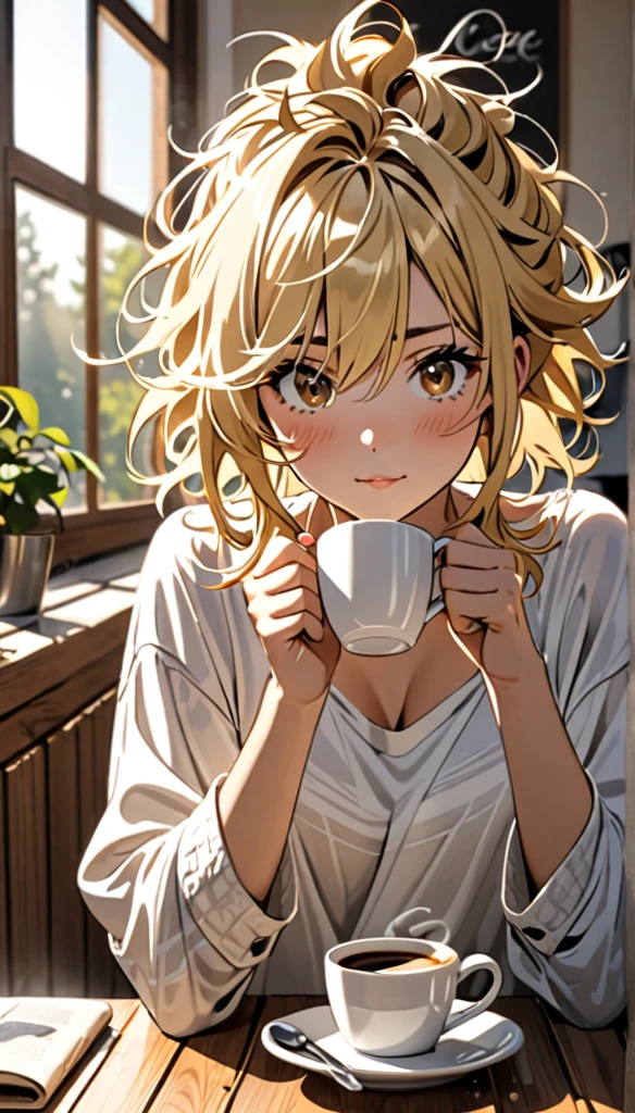 Beautiful and blond messy styled hair, morning, coffee