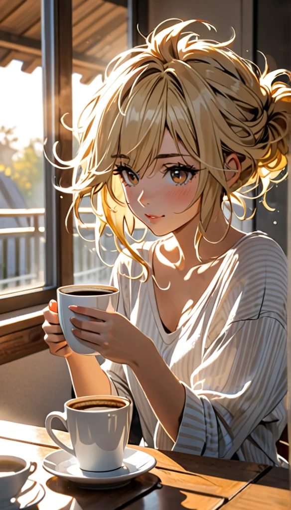 Beautiful and blond messy styled hair, morning, coffee 
