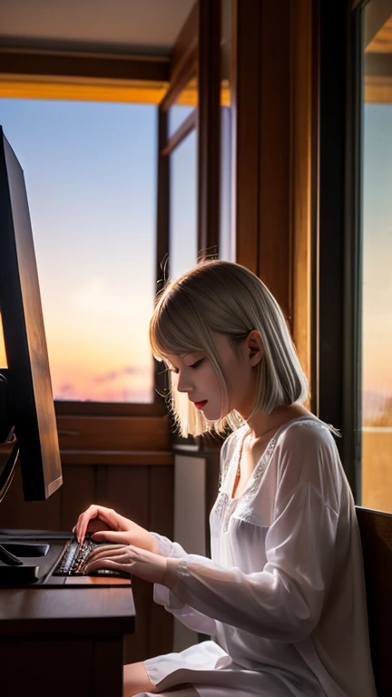 Beautiful girl operating a computer、Beautiful girl facing a computer、｛Beautiful night view from the window｝、Beautiful girl standing by the window、Beautiful girl sitting、Beautiful girl in nightgown、Slender beautiful girl、Beautiful girl in a dark room、A beautiful girl who looked sleepy、Blonde silver haired beautiful girl、夜にBeautiful girl operating a computer