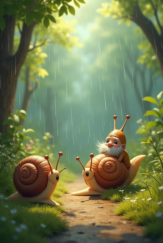 Sluggy was a young snail. Once, he got tired of carrying his house around. He began prancing around without his shell. Soon, he came across a wise old snail.
The old snail asked Sluggy. "Why aren't you carrying your house with you?"
"Why should I?" Slugsy answered.
"We carry our houses so that we have a place to take shelter whenever it rains." the old snail answered. As if on cue, it started raining. The old snail comfortably retreated in his shell and remained warm. while Sluggy got all drenched and squishy. Zoom out