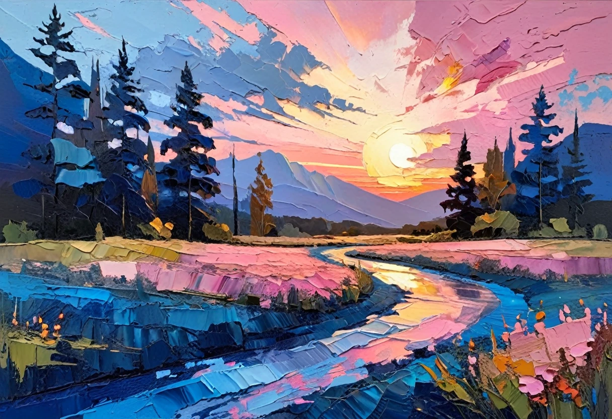 a thick textured oil painting, impasto brushstrokes, dry brushing,revealing underlayers, breathtaking composition, beautiful sunset glow, warm beautiful scene, moody lighting, dramatic shadows, muted earthy colors, vibrant colors, highly detailed, masterpiece, using a palette of light pink, muted blue, dark grayish blue, bright blue, blue shade of emotion, Ensure that the design elements are balanced and harmonious. Greg Gossel: Combines collage and mixed media with street art influences to create vibrant and dynamic pieces.