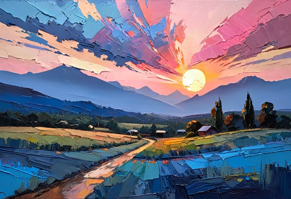 a thick textured oil painting, impasto brushstrokes, dry brushing,revealing underlayers, breathtaking composition, beautiful sunset glow, warm beautiful scene, moody lighting, dramatic shadows, muted earthy colors, vibrant colors, highly detailed, masterpiece, using a palette of light pink, muted blue, dark grayish blue, bright blue, blue shade of emotion, Ensure that the design elements are balanced and harmonious. Greg Gossel: Combines collage and mixed media with street art influences to create vibrant and dynamic pieces.