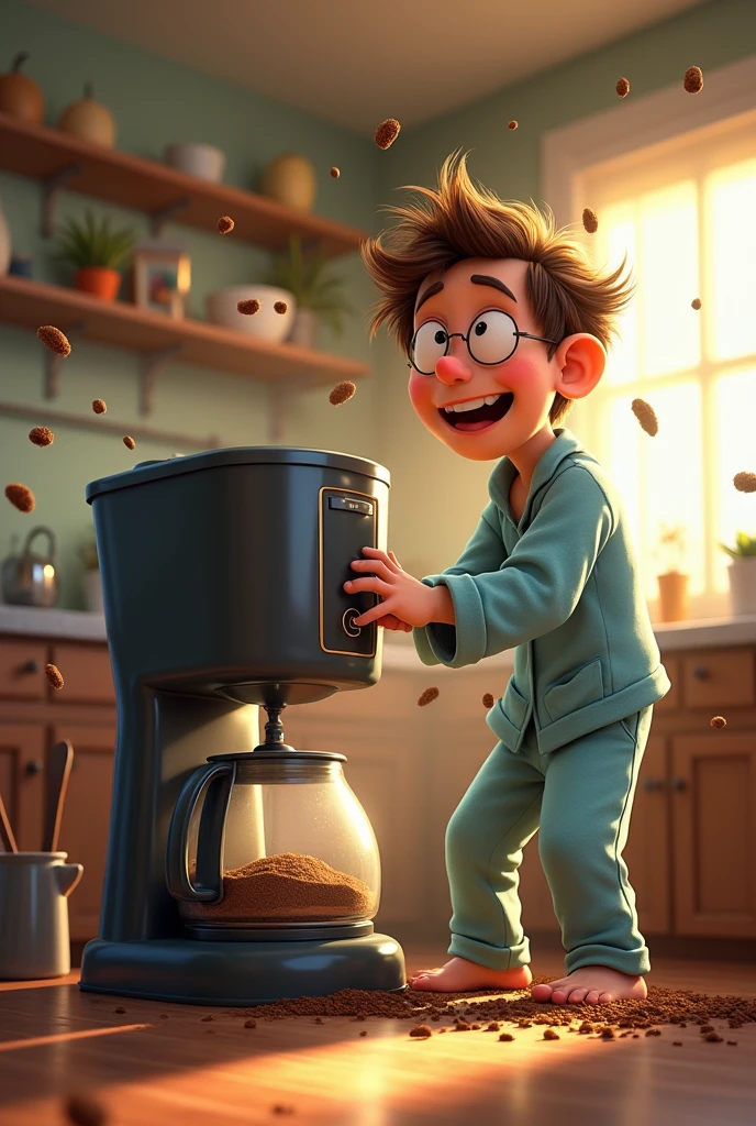 A sleepy character named Bob, dressed in pajamas, stumbles into a cozy kitchen early in the morning, Bob stands in front of the coffee maker in the kitchen, looking confused. He accidentally presses a button, causing the coffee maker to eject coffee grounds in all directions. The scene shows coffee grounds flying through the air, making a comical mess. Bob’s expression is one of surprise and mild frustration