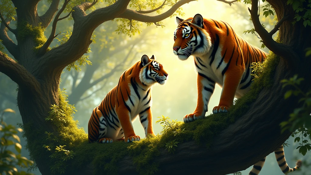 : A majestic tiger perched high on a dense, moss-covered tree, gazing intently into the distance as sunlight filters through the canopy. 8k
