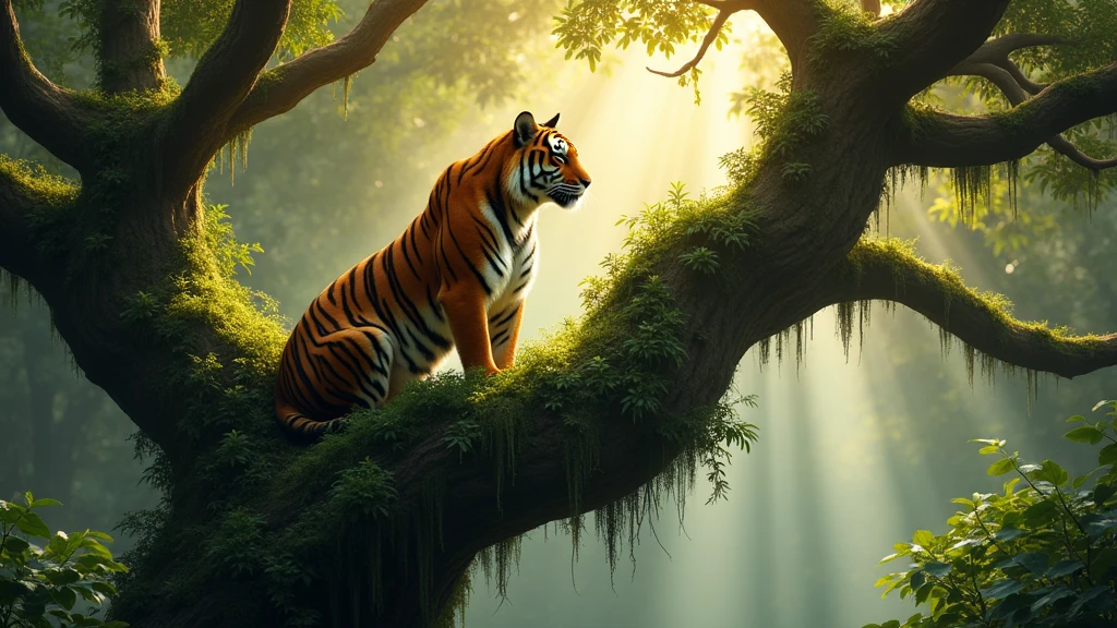 : A majestic tiger perched high on a dense, moss-covered tree, gazing intently into the distance as sunlight filters through the canopy. 8k