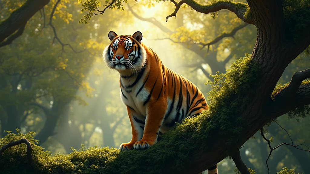 : A majestic tiger perched high on a dense, moss-covered tree, gazing intently into the distance as sunlight filters through the canopy. 8k  