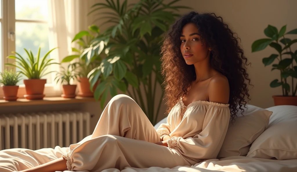 (photorealism:1.2), beautiful woman, sitting on bed, wearing loose off-shoulder top, pajama pants, long curly hair, indoors, soft lighting, plants in background, window with sunlight, cozy room, relaxed pose, realistic, intricate details, warm colors, by Greg Rutkowski, by Alphonse Mucha