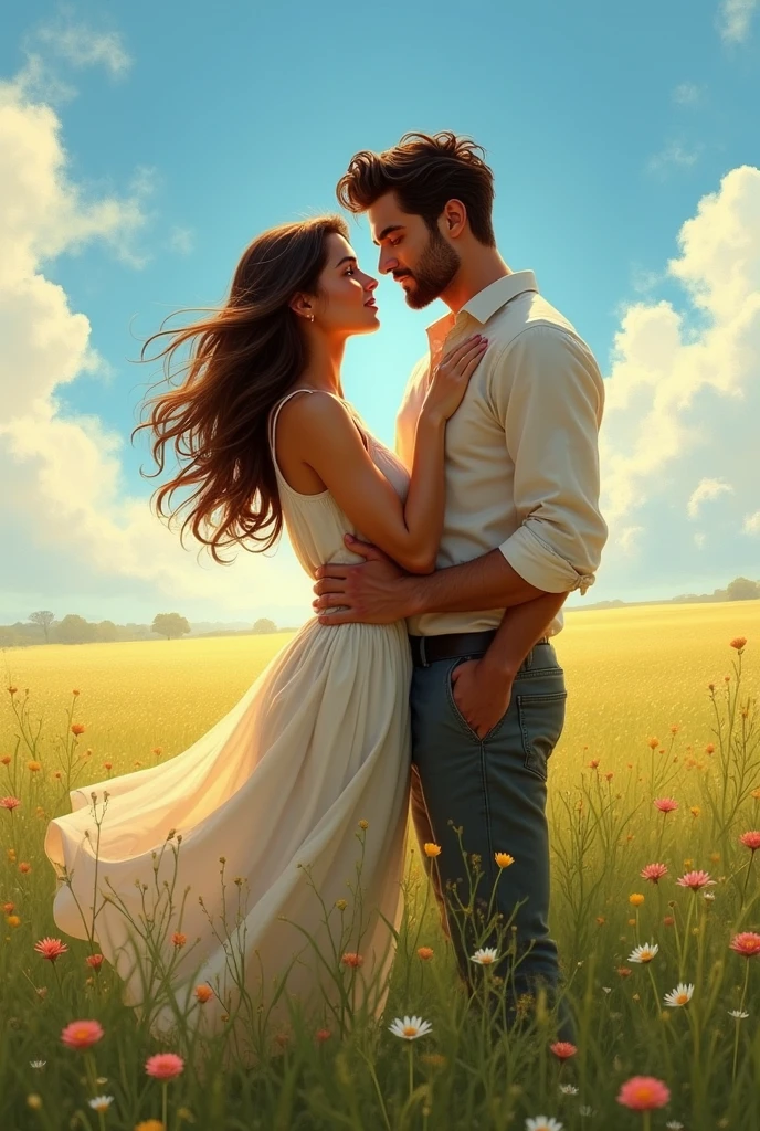 A beautiful brown girl with a handsome man in an open field looking at eachother