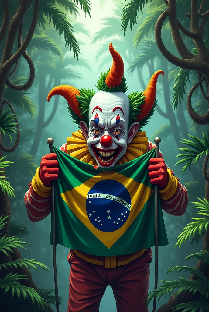 An anime image where a clown is in the jungle biting the Brazilian flag 