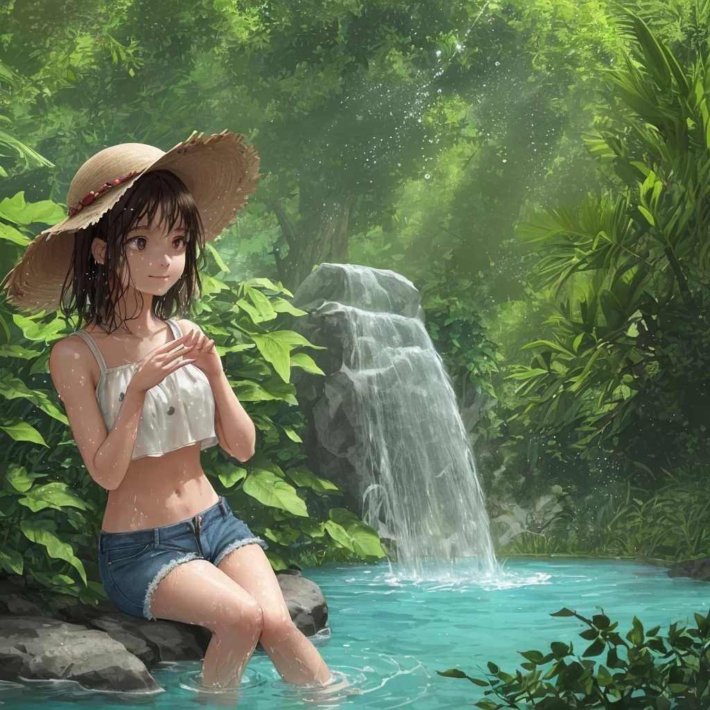 In the picture, it is summer or when the weather is nice. A woman is sitting in shallow water up to her ankles. The water is quite deep. She seems to be in nature, maybe in a forest or surrounded by trees. She is wearing a beige wide-brimmed hat, a black crop top, and brown denim shorts. She looks directly at the camera and has a slight smile on her face. At the same time, she raises both her hands high up and the water dripping from her hands becomes water droplets on the glass, meaning that she might be trying to splash water or play with water with her hands, making it look like the water is floating in the air.. There are other people in the background and some of them might be playing in the water or doing other activities under the beautiful nature. The surrounding green trees add freshness and naturalness to this picture..
