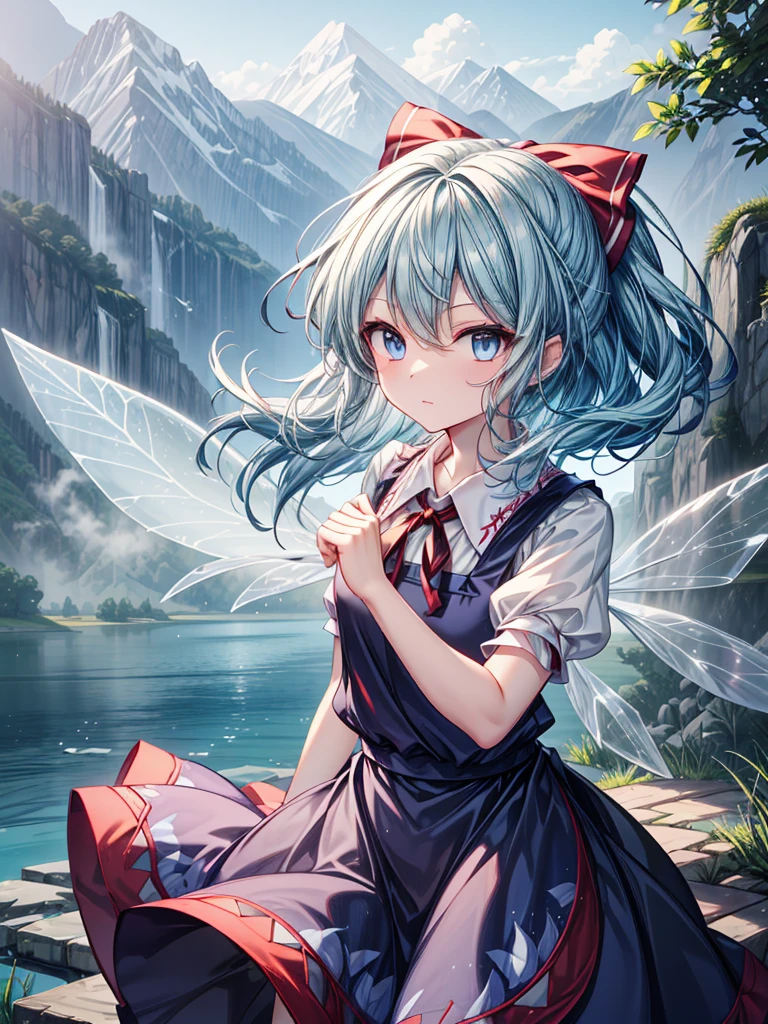 1girl, ((Alluring)),((Wear cold air)),cirno (Touhou), ((long hair)), blue hair, ice wings, ((Hair blowing in the wind)),fairy wings, Blue eyes, bangs, white shirt, collared shirt, puffy short sleeves, blue dress, pinafore dress, red ribbon, neck ribbon, blue bow, green bow, hair bow, bow,((misty lake)),((Gensokyo))