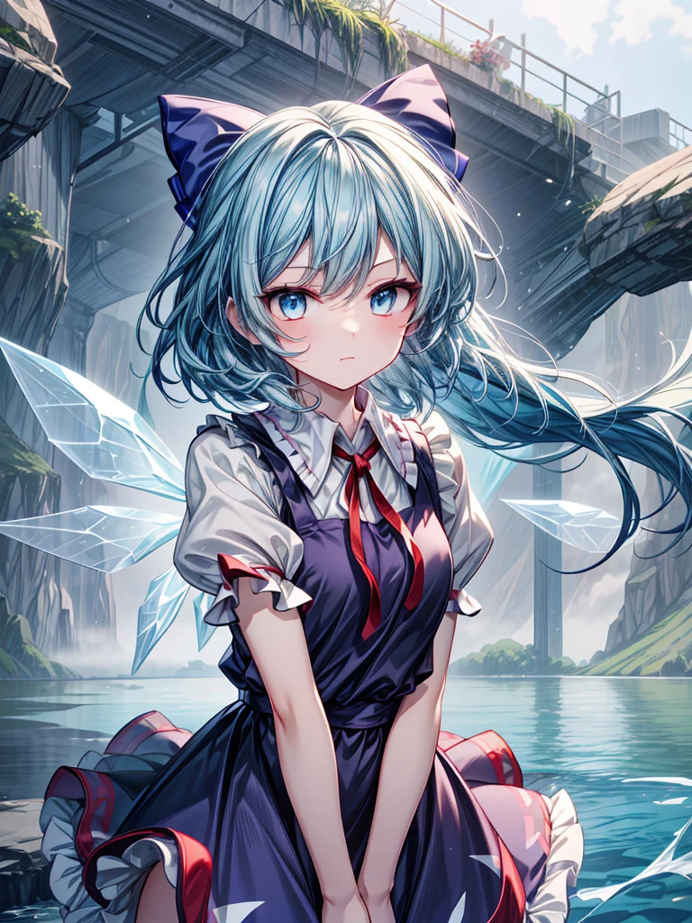 1girl, ((Alluring)),((Wear cold air)),cirno (Touhou), ((long hair)), blue hair, ice wings, ((Hair blowing in the wind)),fairy wings, Blue eyes, bangs, white shirt, collared shirt, puffy short sleeves, blue dress, pinafore dress, red ribbon, neck ribbon, blue bow, green bow, hair bow, bow,((misty lake)),((Gensokyo))